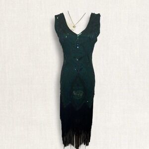 Vintage emerald beaded fringe Gatsby dress Y2K flapper sequin evening gown
